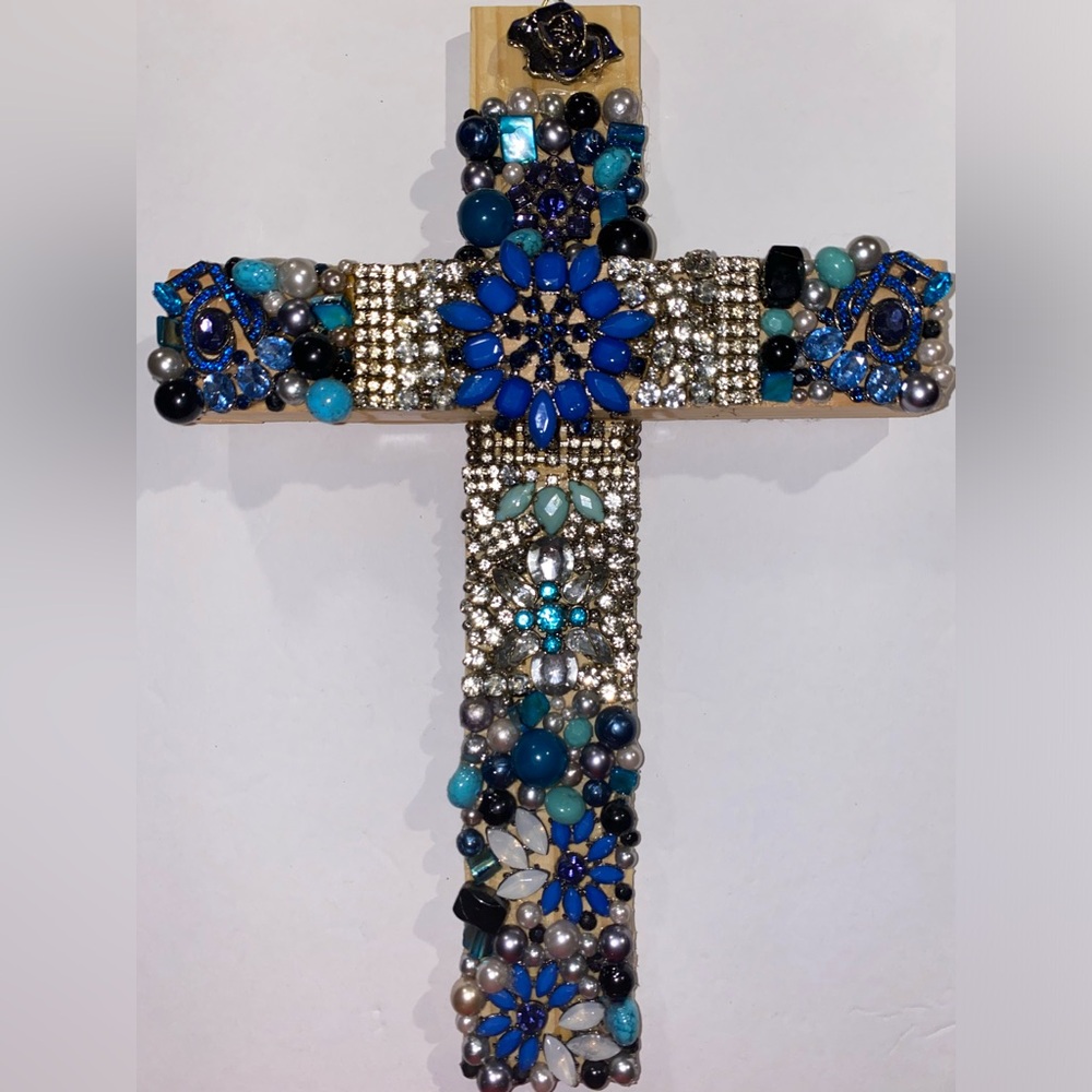 Artisanal Wood ✝️ w/Repurposed Jewelry 💙, 💚, gold Hues Colors & Rhinestones